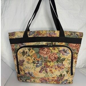 Bovano USA Floral Tapestry Tote Bag Vintage Woven Rose Shoulder Bag Tan Multi
